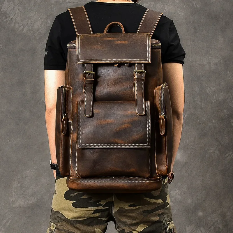 Vintage Genuine Leather Backpack – Large Capacity Hiking Bag